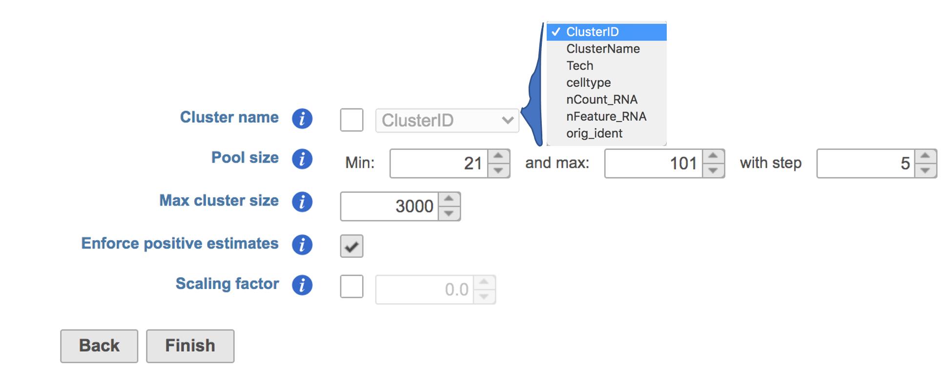 Figure 2. Interface of Scran deconvolution task in Partek Flow. Example attributes are indicated in the drop-down list if Cluster name is checked.